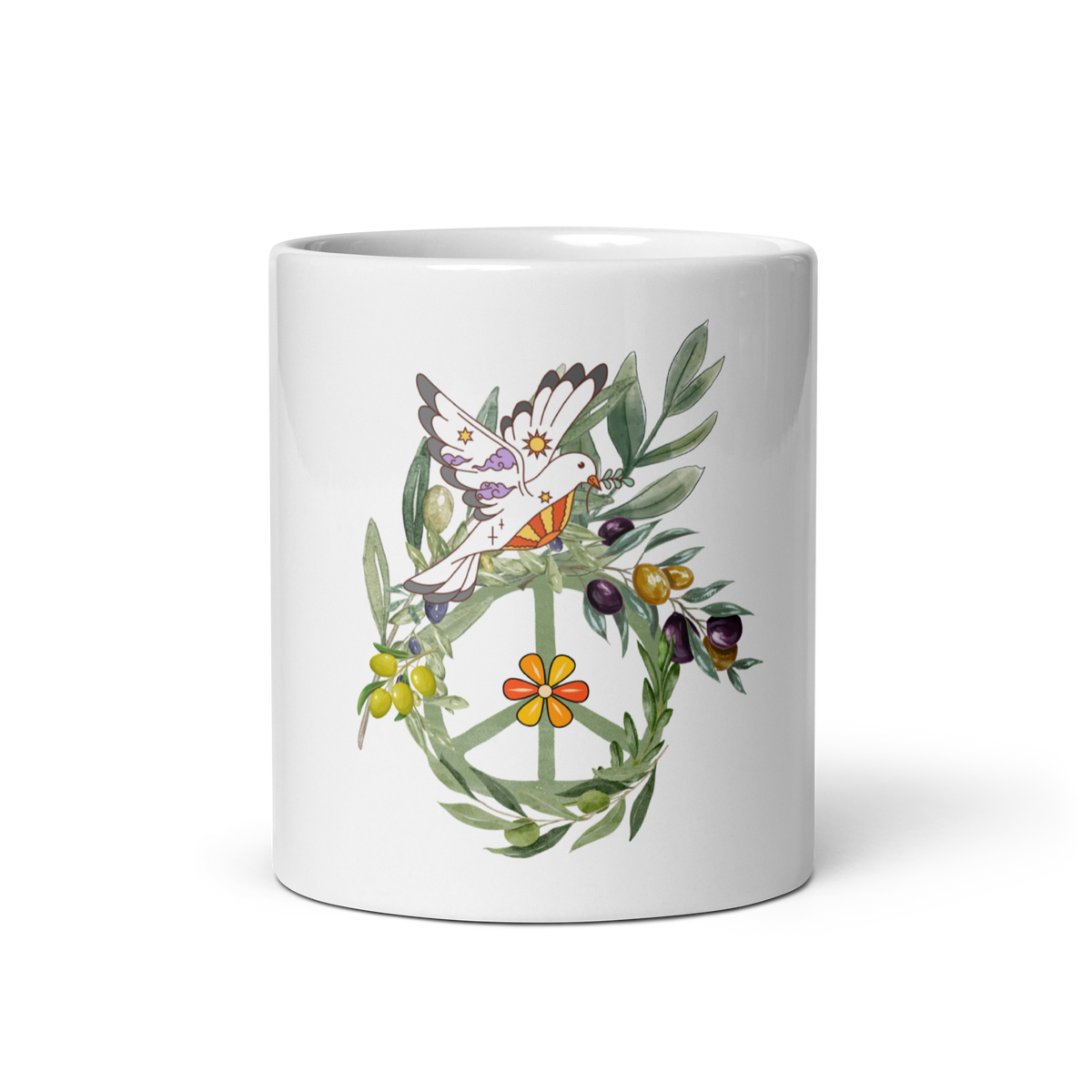 Olive, Peace, Dove white glossy mug
